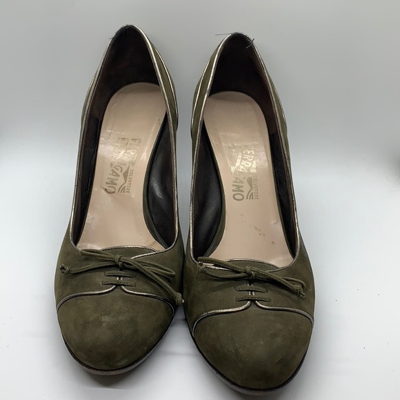 Salvatore Ferragamo Suede Olive Green Heels Size 12B